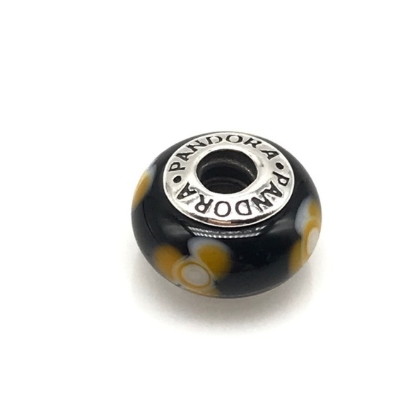 Pandora Retired Black Yellow Flowers For You Floral Murano Glass Bead Charm - Picture 3 of 5